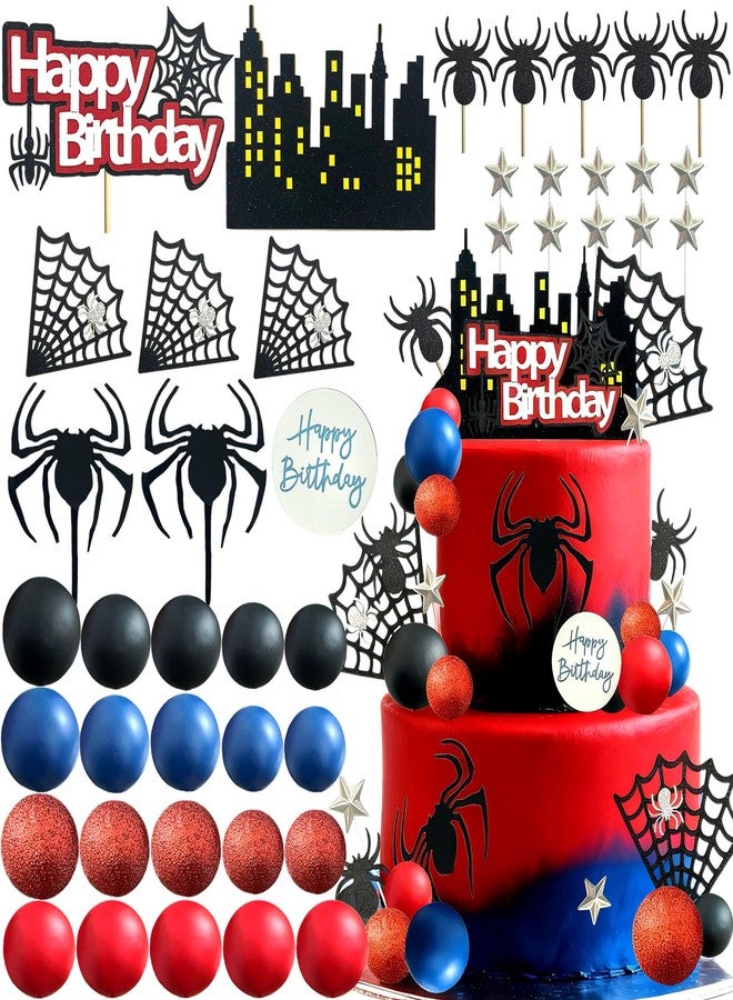 Tyotrbs 44PCS Spider Cake Topper Spider Web Cake Decoration Spiders Theme Cake Decor Happy Birthday Toppers Stars Red Blue Balls Cupcake Topper for Boys Men Baby Shower Hero Party Supplies - Image 1