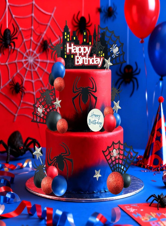 Tyotrbs 44PCS Spider Cake Topper Spider Web Cake Decoration Spiders Theme Cake Decor Happy Birthday Toppers Stars Red Blue Balls Cupcake Topper for Boys Men Baby Shower Hero Party Supplies - Image 4