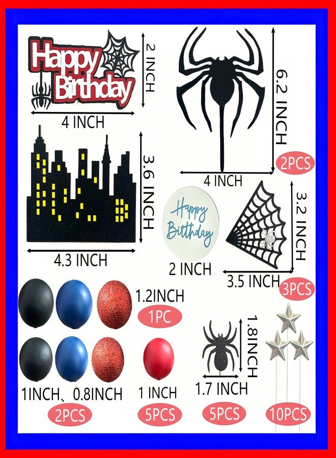 Tyotrbs 44PCS Spider Cake Topper Spider Web Cake Decoration Spiders Theme Cake Decor Happy Birthday Toppers Stars Red Blue Balls Cupcake Topper for Boys Men Baby Shower Hero Party Supplies - Image 3