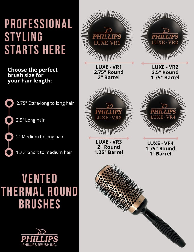 Phillips Brush Luxe Vented Thermal Round 1 Brush - 2.75 inch Diameter Vented Barrel Brush with Heat Retaining Aluminum Core, Sleek Rose Gold & Black Colorway - Image 4