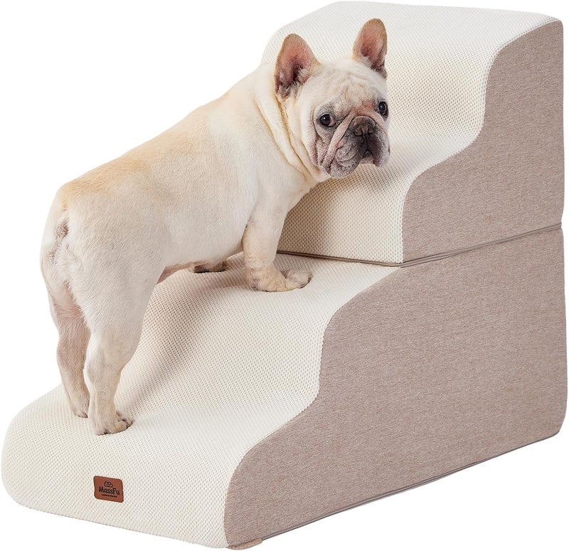 MASSFU Beige Curved Dog Stairs Ramp for Small Dogs & Cats 22.8" H, 4-Step Dog Steps for Couch Sofa and Chair, Pet Stairs for Cats, Non-Slip Balanced Pet Steps - Image 1