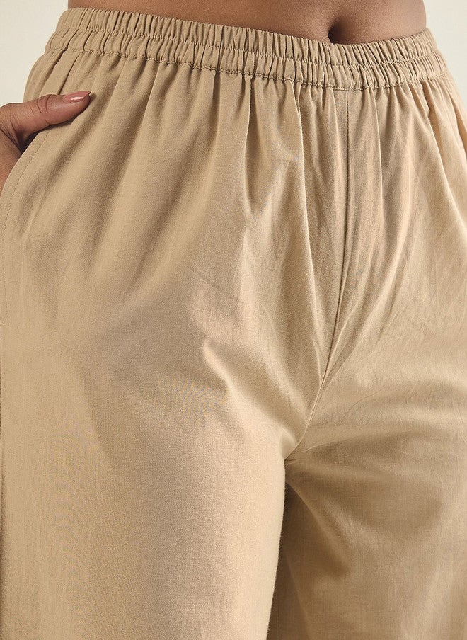 WineRed Beige Embroidered Three-Quarter Sleeve Cotton Shirt with Trousers - Image 3