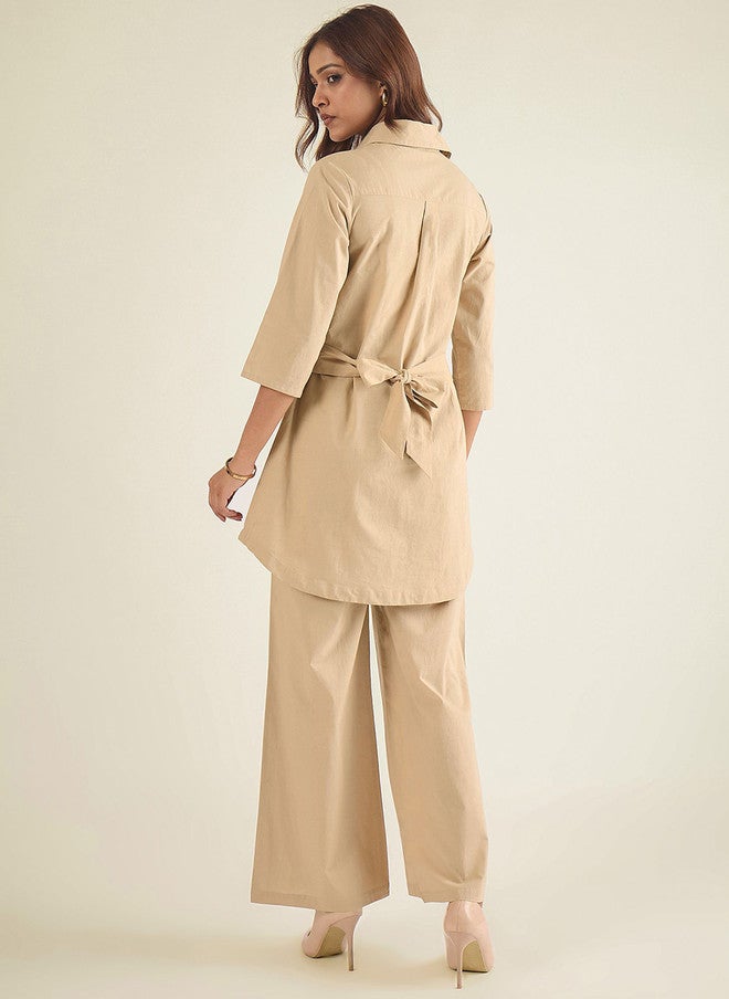 WineRed Beige Embroidered Three-Quarter Sleeve Cotton Shirt with Trousers - Image 4