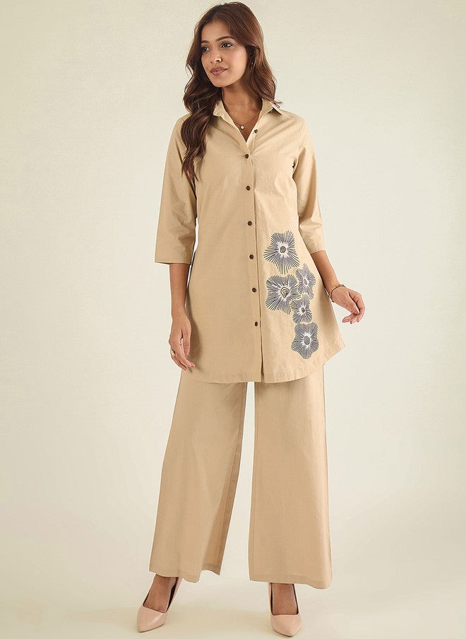 WineRed Beige Embroidered Three-Quarter Sleeve Cotton Shirt with Trousers - Image 1