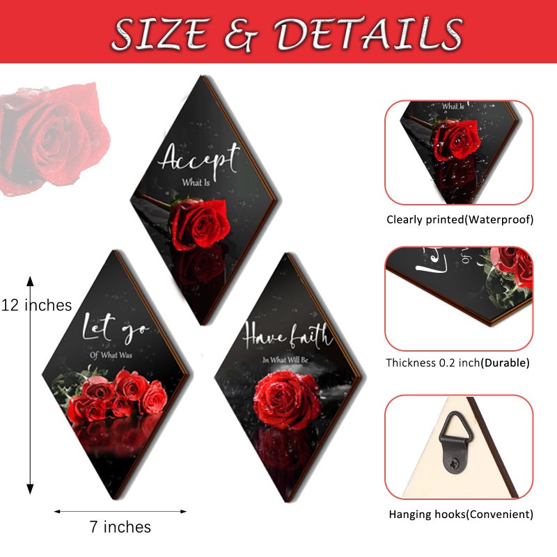 ZINYAZHE 3 Pcs Red Rose Bathroom Wall Decor Flower Red Decor Inspirational Wooden Wall Art Office Wall Decor with Accept Let Go Have Faith Sign for Girl Women Bathroom Living Room Bedroom(12 x 7 Inch) - Image 4
