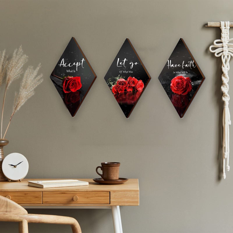 ZINYAZHE 3 Pcs Red Rose Bathroom Wall Decor Flower Red Decor Inspirational Wooden Wall Art Office Wall Decor with Accept Let Go Have Faith Sign for Girl Women Bathroom Living Room Bedroom(12 x 7 Inch) - Image 2