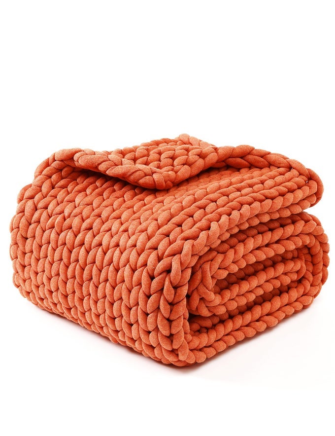 CHUNKY THROW BLANKET MEDIUMWEIGHT HAND KNITTED SKIN FRIENDLY VENTILATED AND BREATHABLE MACHINE WASHABLE HOME DCOR PIECE FOR COUCH SOFA AND BED EXOTIC ORANGE 40X50 INCH