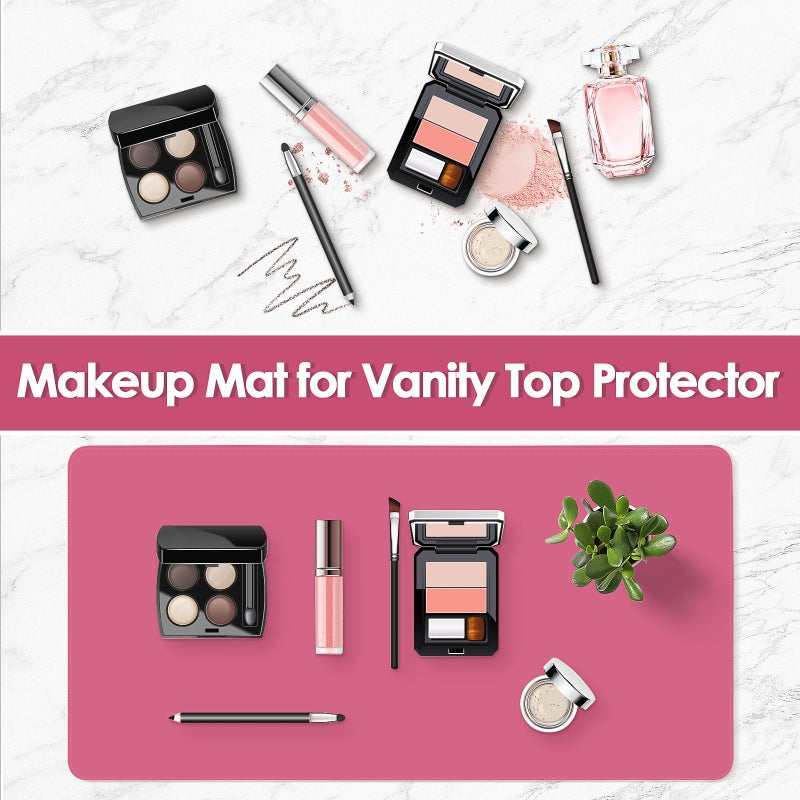 TOHONFOO Makeup Mat for Vanity to Protect Desk Top 23.6 x 11.8 in, Dual-Sided Makeup Mat, Easy to Clean Desk Pad - Waterproof and Oilproof Vanity Accessories (Hot Pink and Khaki) - Image 2