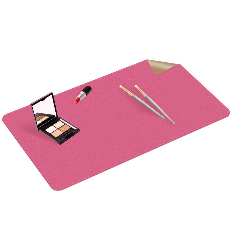 TOHONFOO Makeup Mat for Vanity to Protect Desk Top 23.6 x 11.8 in, Dual-Sided Makeup Mat, Easy to Clean Desk Pad - Waterproof and Oilproof Vanity Accessories (Hot Pink and Khaki) - Image 1