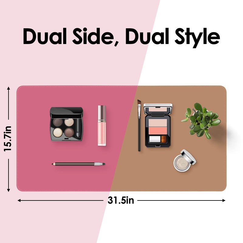 TOHONFOO Makeup Mat for Vanity to Protect Desk Top 23.6 x 11.8 in, Dual-Sided Makeup Mat, Easy to Clean Desk Pad - Waterproof and Oilproof Vanity Accessories (Hot Pink and Khaki) - Image 3
