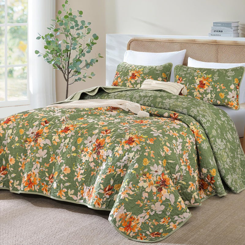 Dobuyly Green Floral Quilt Set King Size, Botanical Flowers Bedspreads Coverlet Set, 3 Pieces Soft Lightweight Microfiber Quilt Bedding Set for All Seasons 110"x90" - Image 2