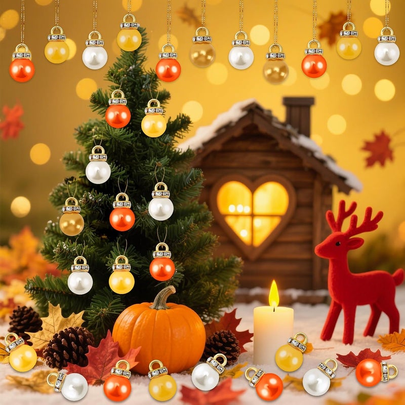 Jansun 90PCS Thanksgiving Day Mini Balls Ornaments, Fall Autumn Imitation Pearl Pendants Miniature Xmas Tree Hanging Decorations Small Vintage Glitter Balls for Holiday Party DIY Craft Decor Supplies - Image 5