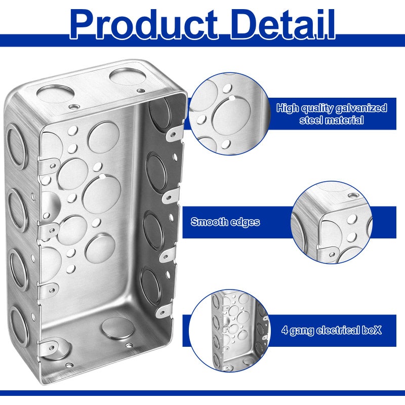 Yaocom Metal Electrical Box 2-1/8 Inch Deep Four Gang Square Multi Device Switch Electrical Junction Box Galvanized Steel Metal for Multiple Wiring Configurations - Image 4