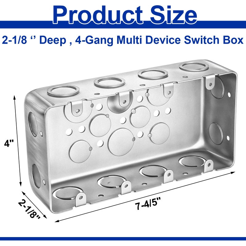 Yaocom Metal Electrical Box 2-1/8 Inch Deep Four Gang Square Multi Device Switch Electrical Junction Box Galvanized Steel Metal for Multiple Wiring Configurations - Image 2