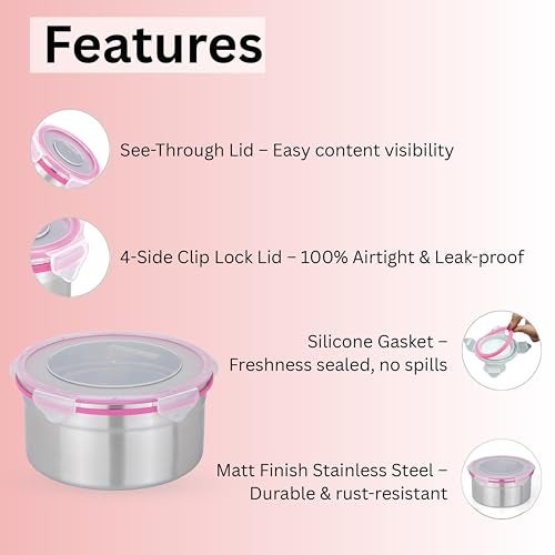 STEELLOCK Stainless Steel Airtight Container with Lid | Leakproof, BPA-Free, Durable Kitchen Storage | Multipurpose Food Storage Containers for Kitchen | SL-1502-set of 1, 1950ml each, Pink - Image 5