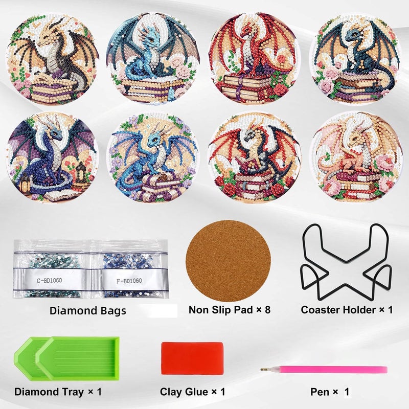 Ekuxom 8 Pcs Diamond Art Coasters Kits with Holder-Dragon Diamond Painting Coasters Kits-DIY Crafts Art Coaster Kit for Home Decor - Image 3