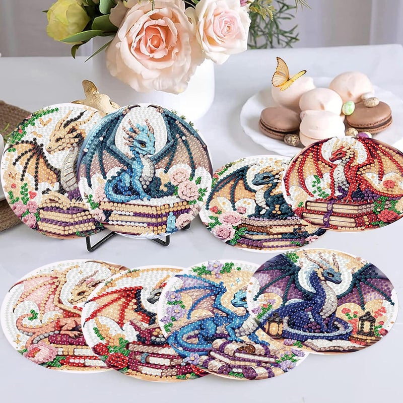 Ekuxom 8 Pcs Diamond Art Coasters Kits with Holder-Dragon Diamond Painting Coasters Kits-DIY Crafts Art Coaster Kit for Home Decor - Image 2