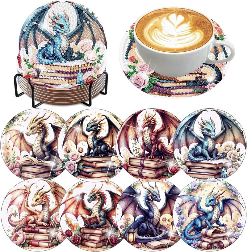 Ekuxom 8 Pcs Diamond Art Coasters Kits with Holder-Dragon Diamond Painting Coasters Kits-DIY Crafts Art Coaster Kit for Home Decor - Image 1