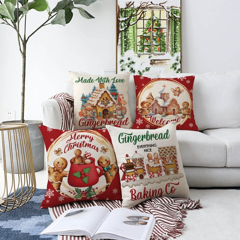 Gagec Christmas Pillow تغطي 20 × 20 بوصة خمر خبز الزنجبيل الأحمر وسادة رمي وسادة عيد الميلاد عيد الميلاد وسادة الشتاء ديكور غرفة المعيش - Image 2