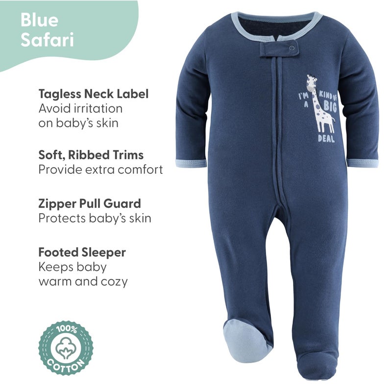 The Peanut Shell The Peanutshell Baby Sleepers for Boys Set of 3 - Newborn Baby Clothes, Soft Cotton Boy Footed Pajamas, Newborns & Infants Clothes Gift Set - Blue Safari - Image 4