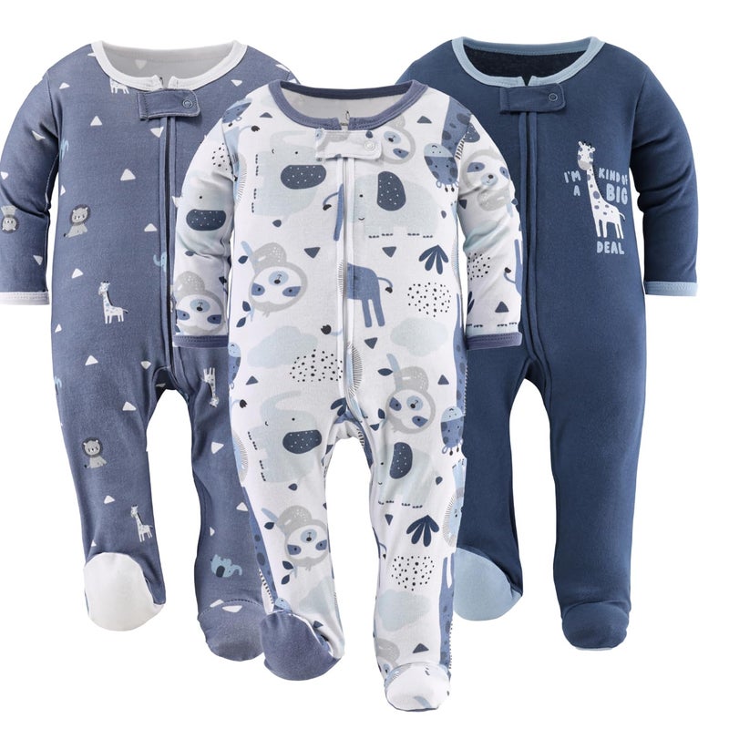 The Peanut Shell The Peanutshell Baby Sleepers for Boys Set of 3 - Newborn Baby Clothes, Soft Cotton Boy Footed Pajamas, Newborns & Infants Clothes Gift Set - Blue Safari - Image 1