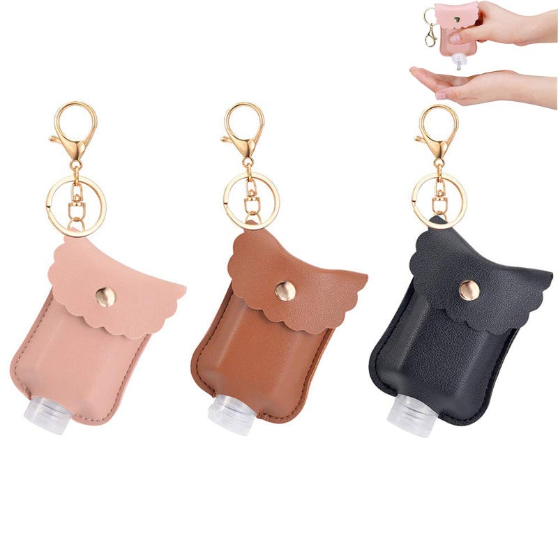 LDIWEE Hand Sanitizer Holder 3 Pack Mini Hand Sanitizer Bulk Holder Portable Squeeze Bottles 2oz with Leather Case Keychain