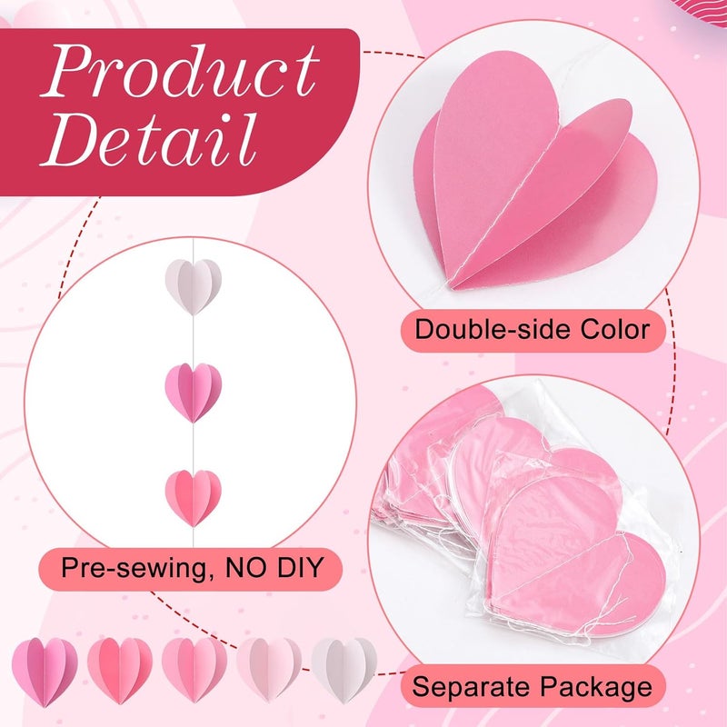 Epakh إيباخ 12 قطعة زينة قلوب 3D لعيد الحب بطول 57 قدم زينة حائط عيد الحب لاحتفالات غالنتين الزفاف الفصل الدراسي عيد الميلاد تدرج وردي - Image 3