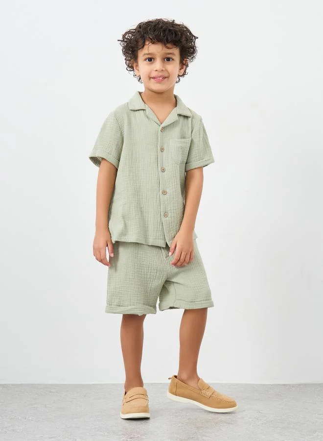 ستايلي Styli Textured Double Gauze Shirt and Shorts Set