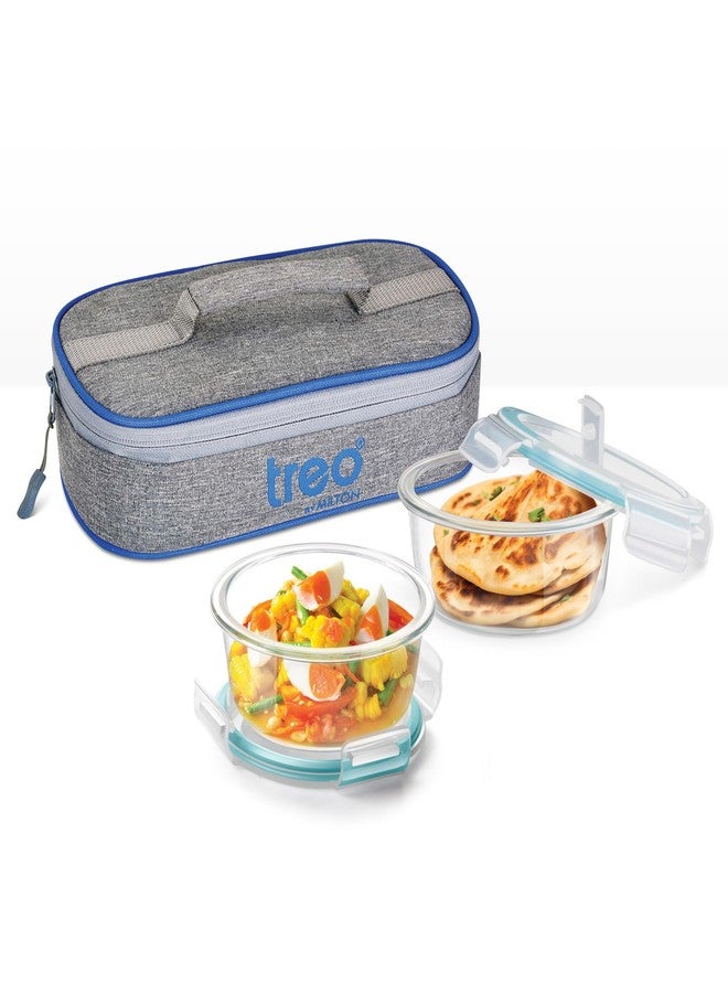 Treo by Milton All Fresh Round Glass Tiffin Containers with Insulated Jacket, 2 Containers, 400 ml Each | Microwave Safe | Ovensafe | Stackable | Leak Proof | Office | School | College | Picnic - Image 1