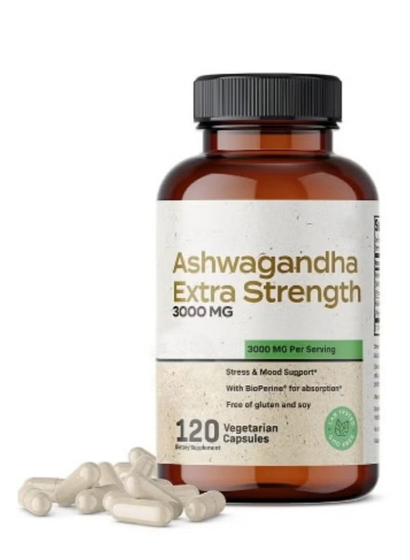 Extra Ashwagandha Capsules 3000mg Extra Strength – Natural Stress Relief & Mood Support – Boosts Focus & Energy – 120 Veggie Capsules - Image 1