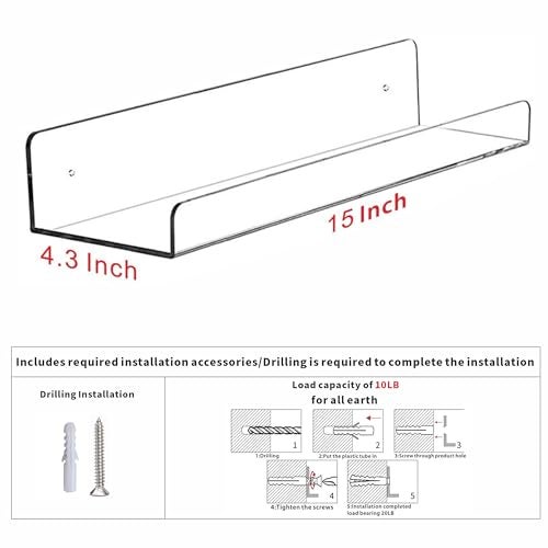 Cq acrylic 4 Pcak Clear Acrylic Shelves for Bedroom,Room,15 Inch Bathroom Wall Shelf & Organizer,Invisible Floating Shelves & Wall Storage for Collectibles Perfume Shelf,Record,Funko Pop,Lego Display,Bookshelf - Image 3