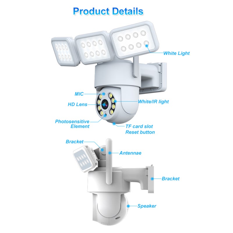 كاميرا مراقبة لاسلكية 2K مع مصباح تعويضي - كاميرا واي فاي ذكية قابلة للتثبيت على الحائط بدقة 3 ميجا بكسل، مقاومة للماء بنظام IP66، رؤية ليلية ملونة، صوت ثنائي الاتجاه، كشف الحركة، وتحويلات وتنقل الأفلام (PTZ) - كاميرا أمن لاسلكية مناسبة للمنزل والمكتب والمساحات الخارجية - Image 5