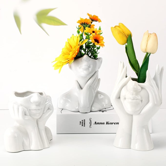 3 PCS CERAMIC FACE VASE FEMALE FORM FLOWER MODERN BODY VASE FOR DECOR WITH HEAD HALF BODY BUST CENTERPIECE FOR TABLE SHELF HOME BEDROOM ROOM OFFICESMALLWHITE