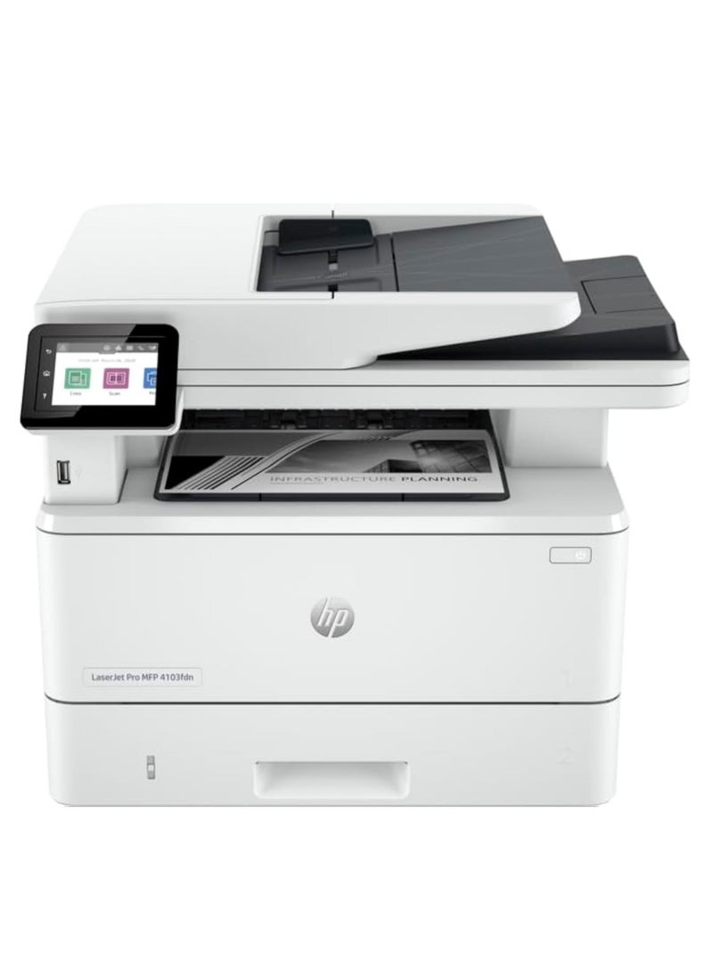 HP طابعة HP LaserJet Pro MFP 4103fdn (2Z628A)، طباعة، نسخ، مسح، فاكس، أبيض - Image 1