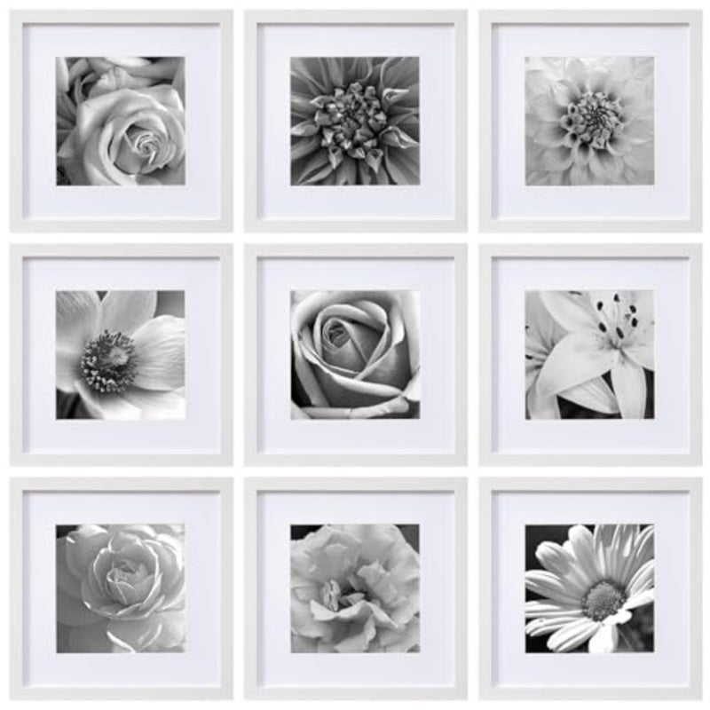 12x12 Picture Frames Set of 9, Classic Gallery Wall Frame Set Displays 8x8 Photo with Mat or 12x12 No Mat, Square Picture Frames Collage Wall Decor, White Home Decor for Hanging - Image 1
