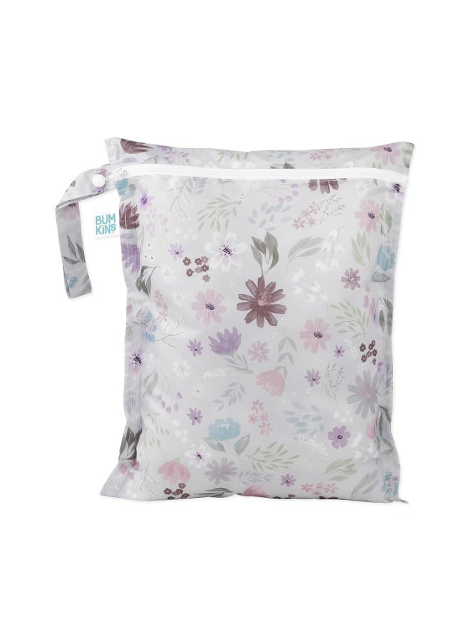 Bumkins Waterproof Wet Bag for Baby, Travel, Swim Suit, Cloth Diapers, Pump Parts, Pool, Beach, Gym Clothes, Toiletry, Hook to Stroller, Daycare, Zipper Reusable Wetdry Packing Pouch, Florals Gray - Image 1