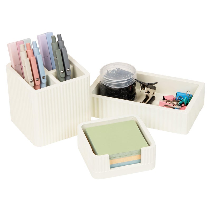 Mind Reader 3-Piece Cement Desk Organizer Set, Desktop Accessory Kit with Pen Cup, Sticky Note Holder, Catch-All Tray, Modern Office Decor, Cement, Cream - Image 1