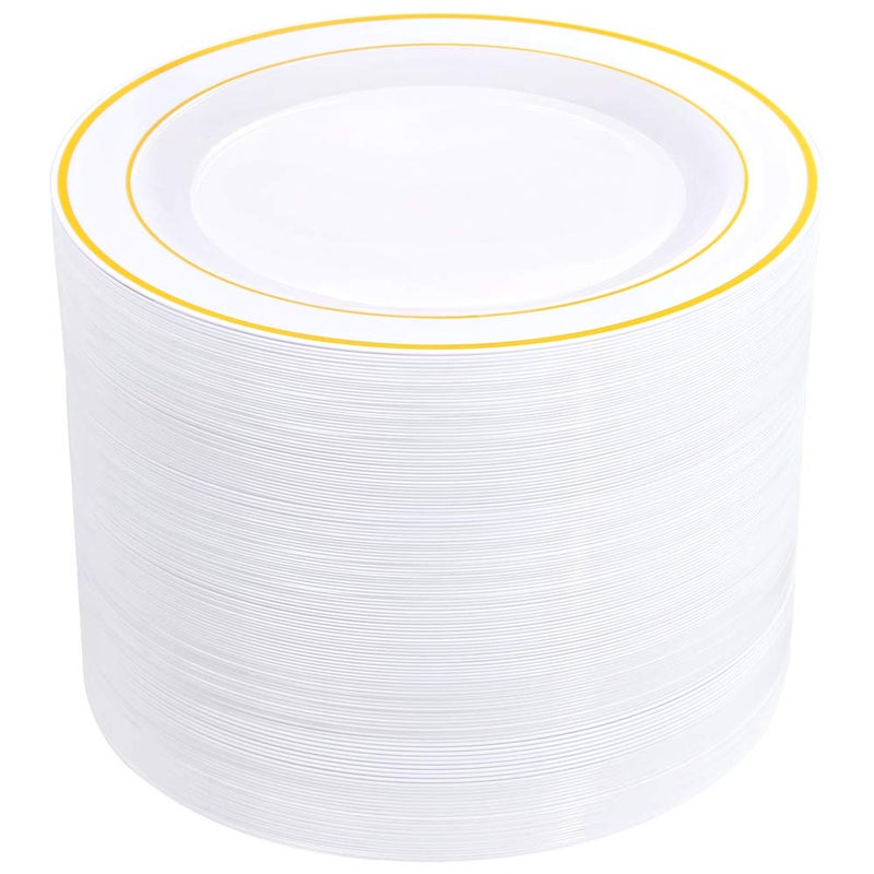 bUCLA 100Pieces Gold Plastic Dinner Plates  1025inch Gold Plates Disposable for Party  White and Gold Plastic Plates  Ideal for WeddingsParties