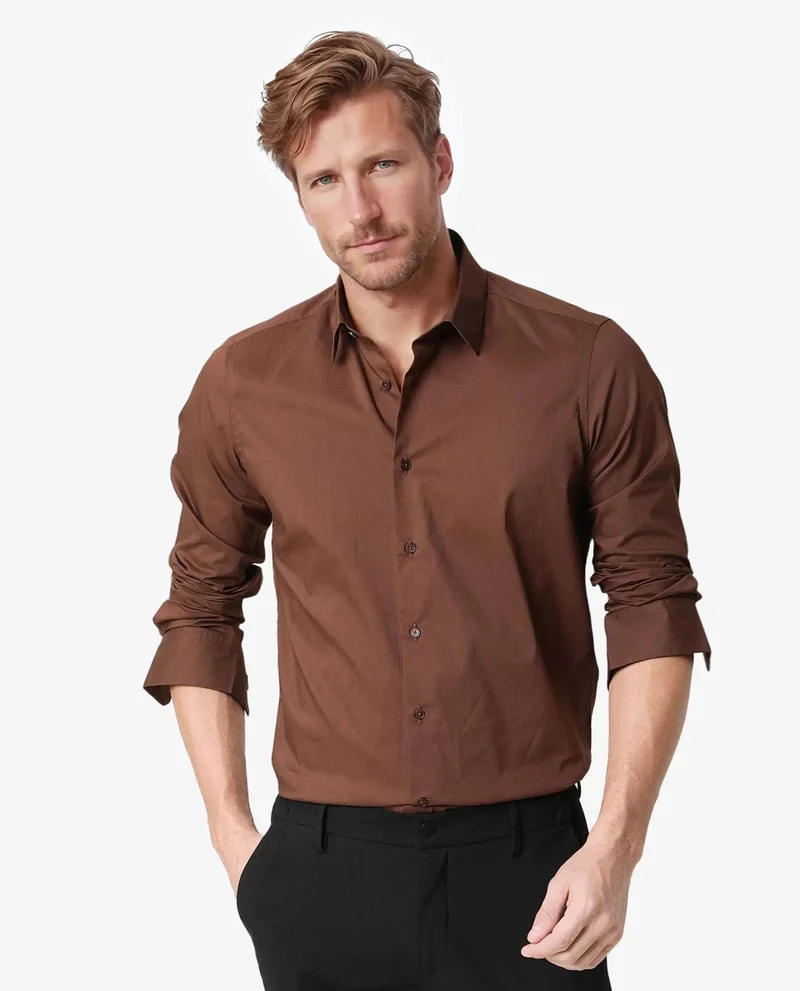 Rare Rabbit Rare Rabbit Mens Benedict Brown Cotton Stretch Drop Collar Full Sleeves Shirt