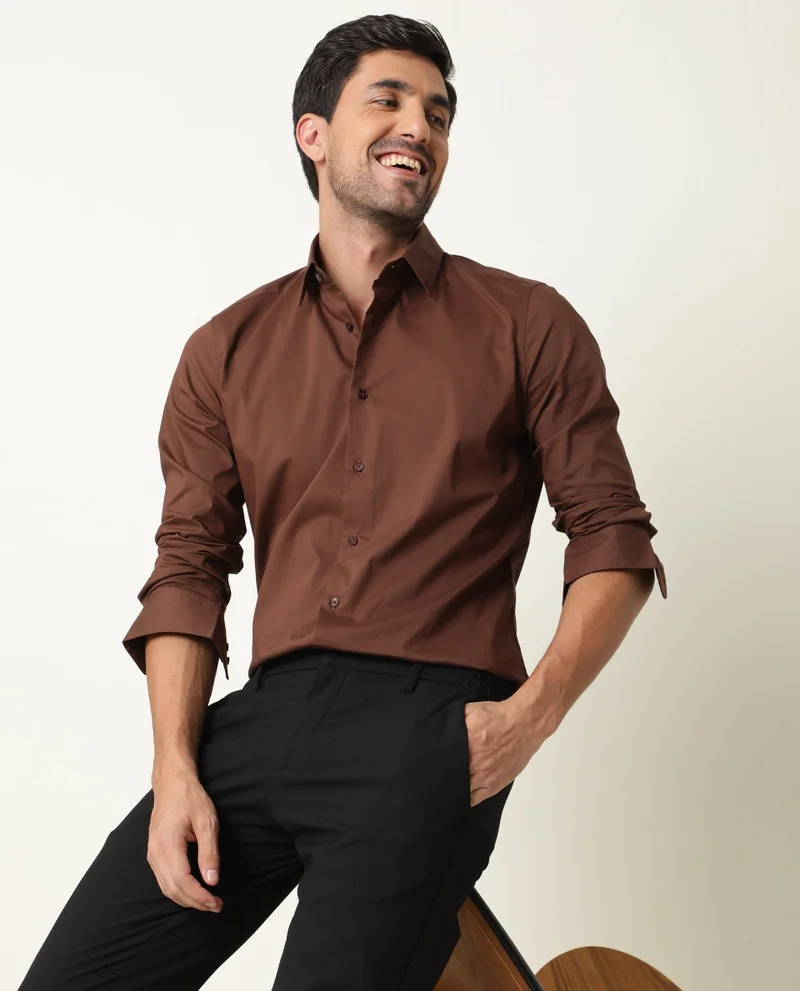 Rare Rabbit Rare Rabbit Mens Benedict Brown Cotton Stretch Drop Collar Full Sleeves Shirt