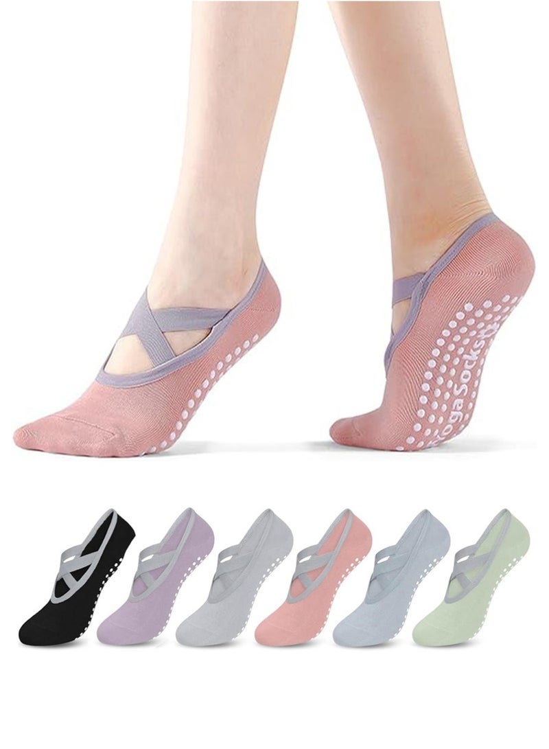 6 Pairs Pilates Socks for Women - Non Slip Grip Socks for Yoga, Barre, Hospital, Barefoot - Image 1