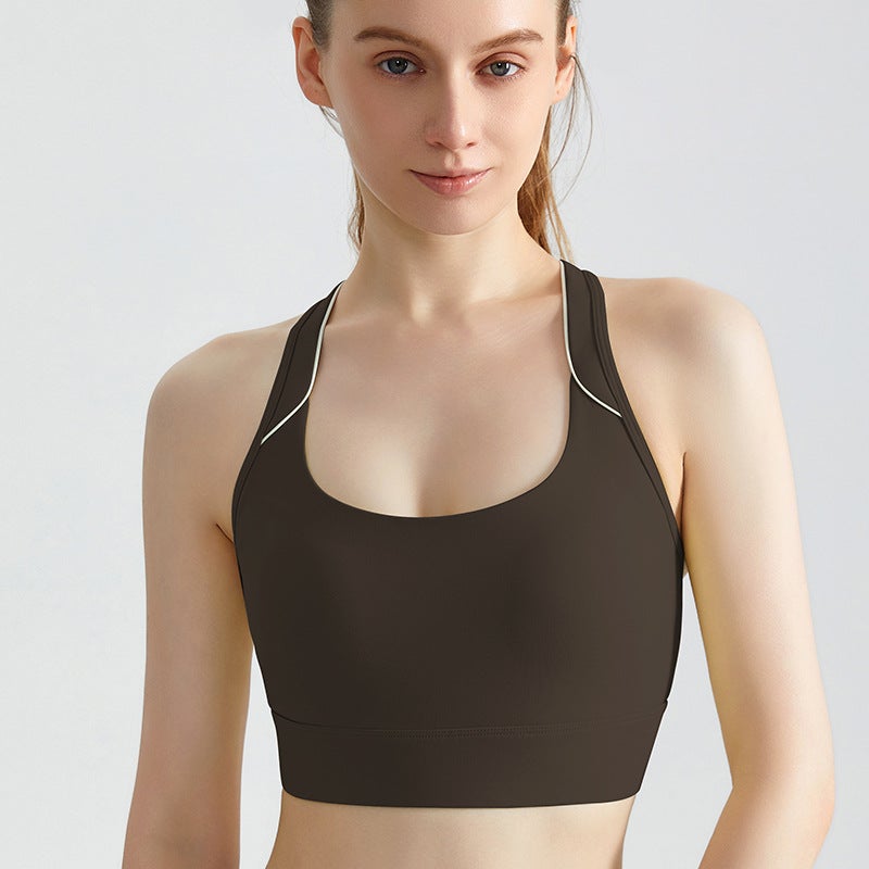 Generic LAHN New Sports Underwear Womens Shockproof Fixed Cup Thin Running Gather Hollow Three Rows Three Buckle Yoga Underwear WX-5007 deep coffee