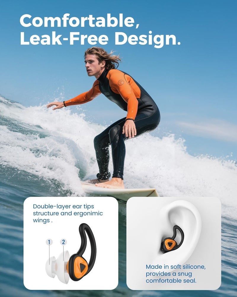 Hearprotek Ear Plugs for Swimming–2 Pairs Soft Silicone Reusable Waterproof Earplugs for Adults & Men Women, Custom Fit for Swimmers Ear, Pool, Beach, Snorkeling, Surfing, Kickboard Training(Orange) - Image 3