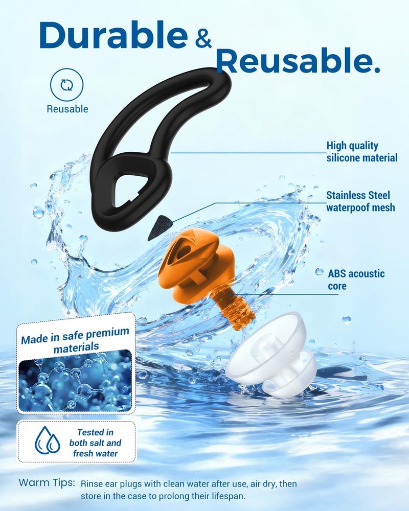 Hearprotek Ear Plugs for Swimming–2 Pairs Soft Silicone Reusable Waterproof Earplugs for Adults & Men Women, Custom Fit for Swimmers Ear, Pool, Beach, Snorkeling, Surfing, Kickboard Training(Orange) - Image 5