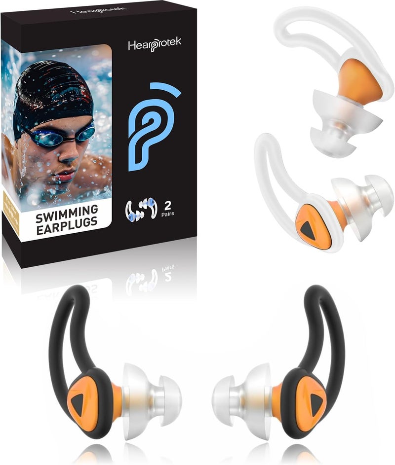 Hearprotek Ear Plugs for Swimming–2 Pairs Soft Silicone Reusable Waterproof Earplugs for Adults & Men Women, Custom Fit for Swimmers Ear, Pool, Beach, Snorkeling, Surfing, Kickboard Training(Orange) - Image 1