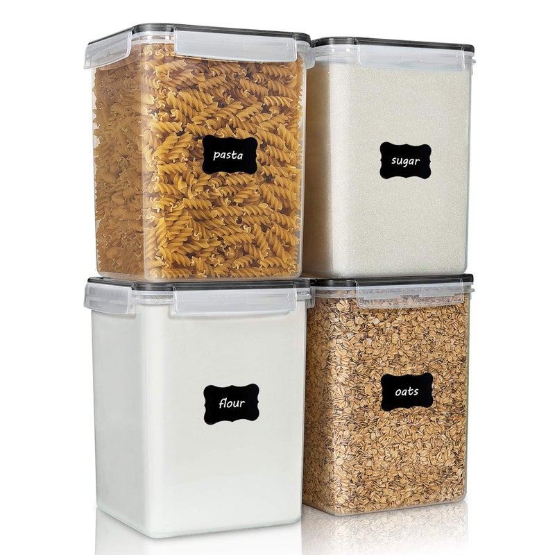 Vtopmart 4 PCS Large Food Storage Containers 5.2L / 175oz, 4 Pieces BPA Free Plastic Airtight Canisters for Flour, Sugar, Baking Supplies, Rice with Lids, 4 Measuring Cups and 24 Labels, Black - Image 1