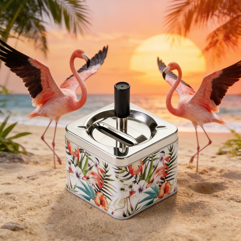 Round Flamingo Pattern Ashtray With Lid Large Capacity Windproof - Image 1