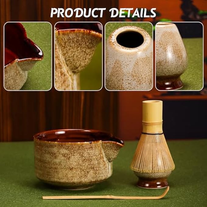 DiDiBirDi Matcha Tea Set 4 Pcs Japanese Matcha Traditional Starter SetBamboo Matcha Whisk Chasen Scoop ChashakuWhisk Holder Coffee Color - Image 3