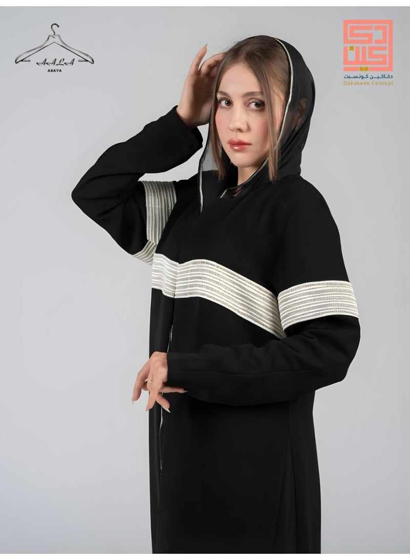 Dakakeen Concept Black Crepe Abaya with Silver Belt by Designer Alaa from Dakakeeen Al-Khair – Elegant High-Quality Women’s Abaya with Refined Details for Chic Formal & Everyday Style - Image 1