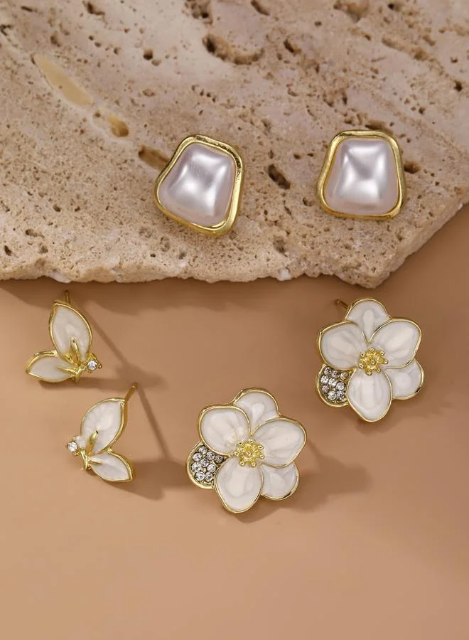 Take Two Set of 3 - Faux Pearl Flower Earrings